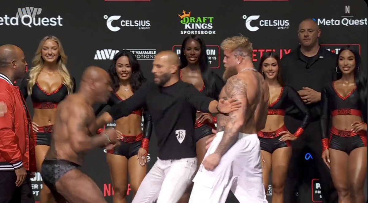 Mike Tyson unsurprisingly swatted at Jake Paul during their boxing match weigh-in