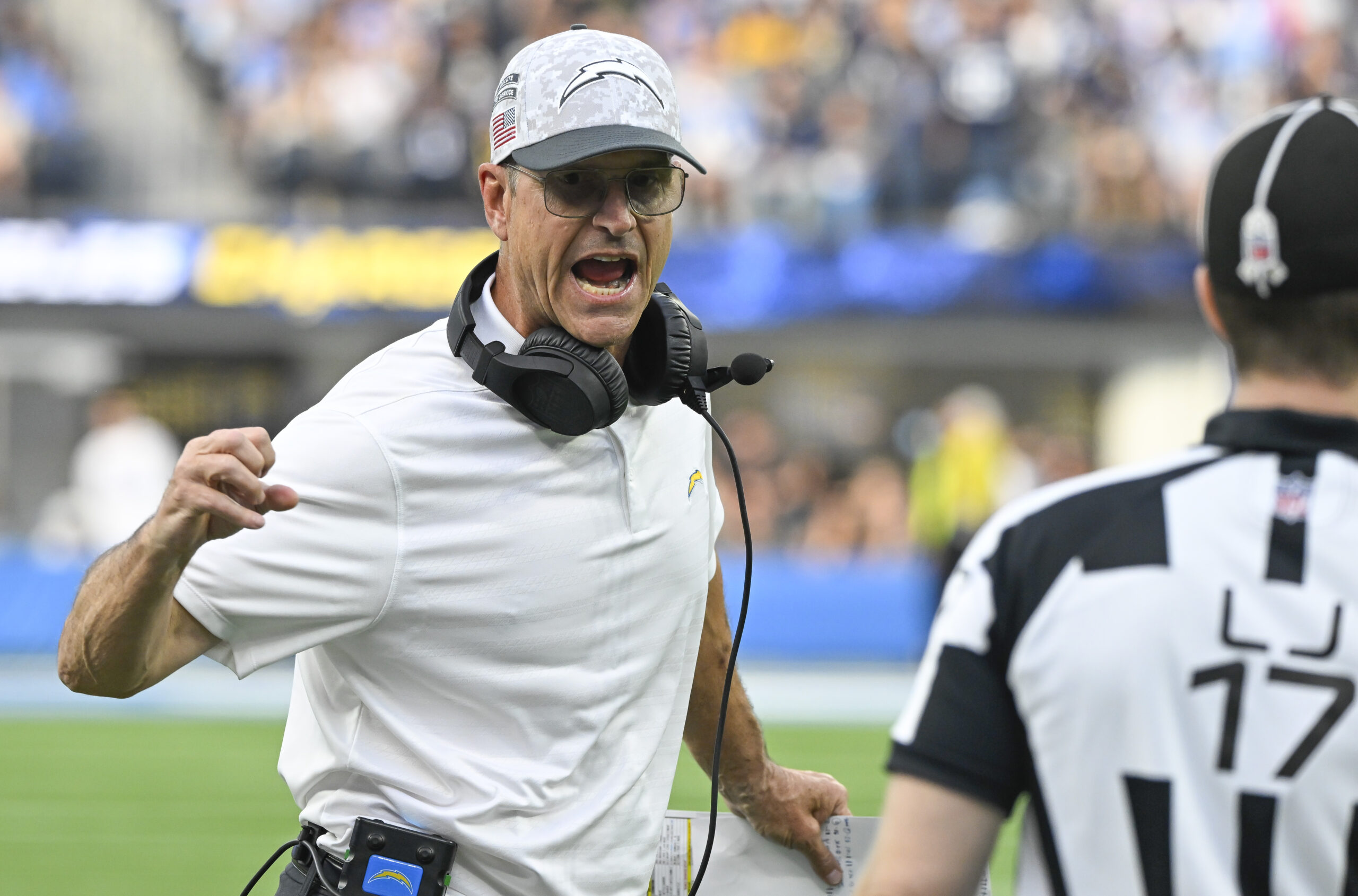 Mics caught Jim Harbaugh’s animated reaction to missing a pass from Justin Herbert