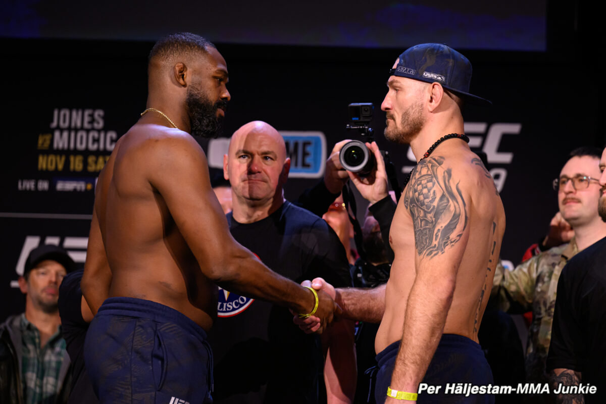 UFC 309 video: Jon Jones, Stipe Miocic shake hands at final weigh-ins faceoff