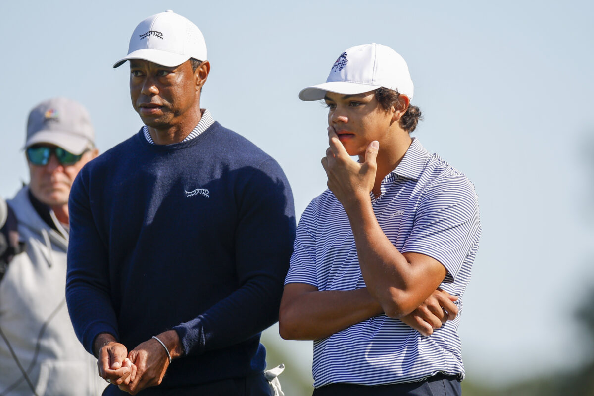 Tiger Woods and son Charlie are eerily in sync after sinking a putt at PNC Championship