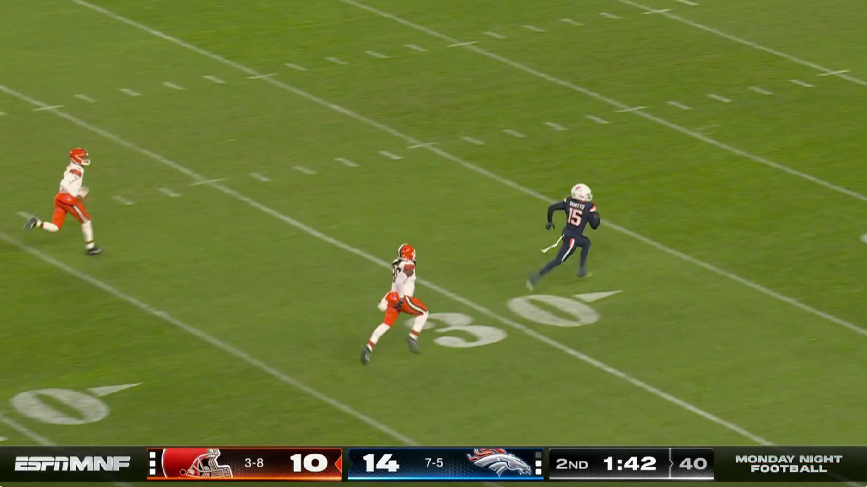 WATCH: Nik Bonitto scores on 71-yard pick-6 vs. Browns